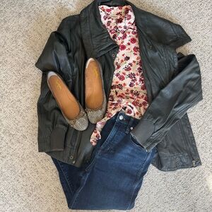 Effortless Outfit Leather Jacket Madewell Jeans Anthro Seychelles Flats
